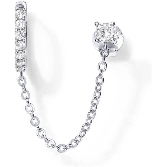 14K Gold Chain Earrings Women Double Piercing Dangle Chain Huggie Hoop Earrings - Picture 2 of 5